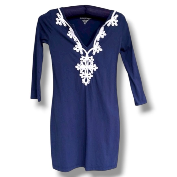 Lilly Pulitzer Marina Navy/White Soutache Trim Cotton Knit Pullover Dress XS - Picture 2 of 14